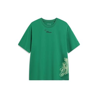 Li Ning T-shirt z nadrukiem liter okrągły dekolt luźny krótki rękaw unisex topy chłodny zielony AHST083-2