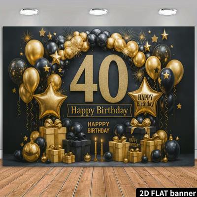 Fundal Petrecere Aniversară 40 de Ani 2D - Banner Luxos cu Balon Negru-Auriu și Lumânare pentru Ședință Foto de Aniversare 40 de Ani