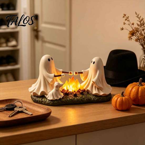 Cute Ghost Campfire Figurine Roasted Marshmallows LED Ornament, Durable Resin Halloween Desktop Spooky Craft, Decorative Warm Light for Home Fireplace