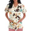Women's Casual Short-Sleeve Cute Animal Print V-Neck Pocket Workwear Top