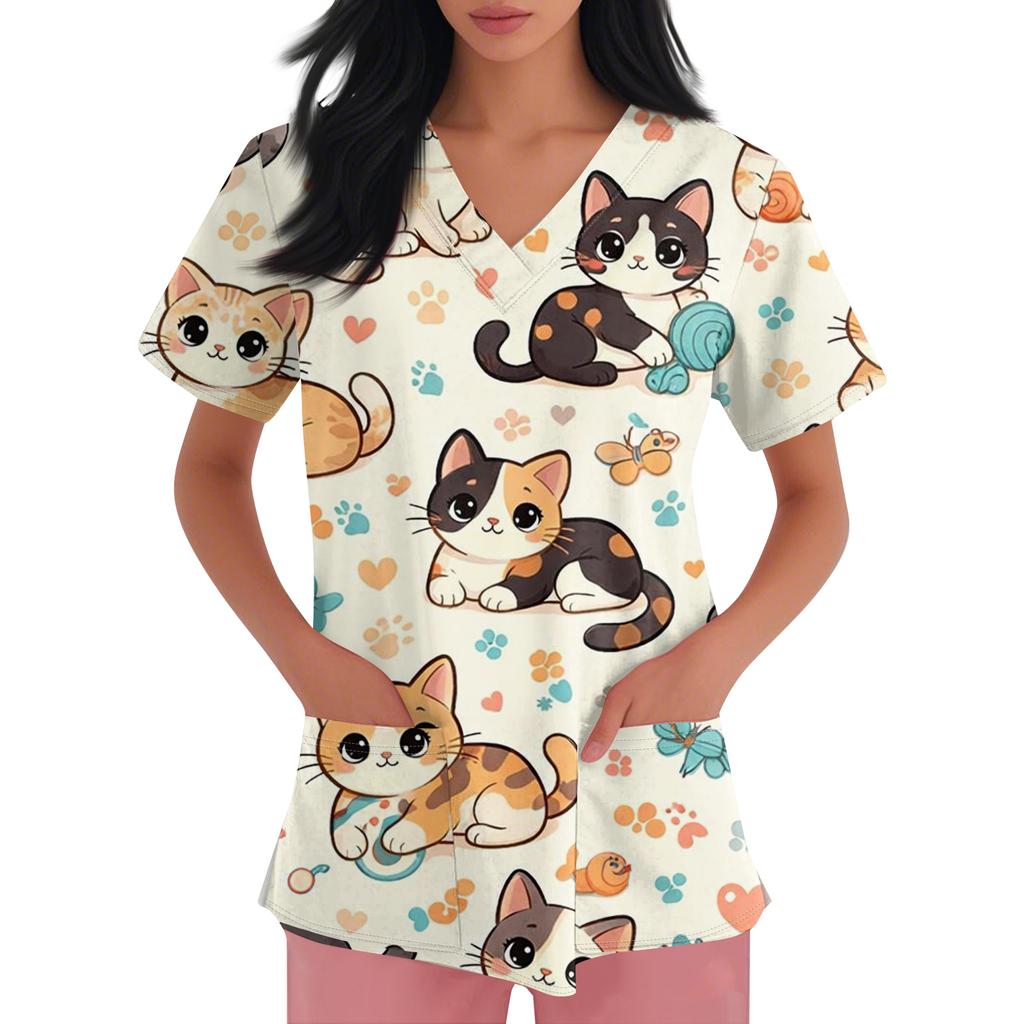 Women's Casual Short-Sleeve Cute Animal Print V-Neck Pocket Workwear Top