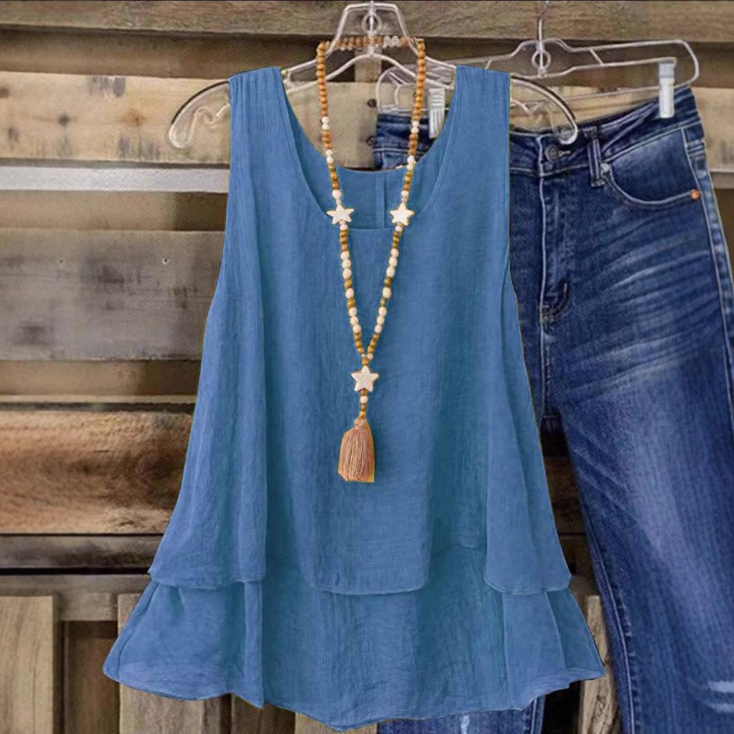 

2025 Women s Summer New Solid Color Casual Sleeveless U-Neck Fake Two Layers T-Shirt 2XL синий