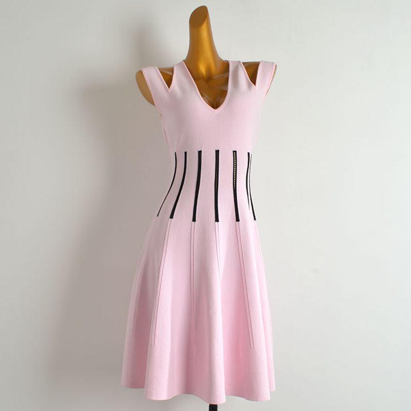 

Western Style Sexy All-Match V-neck Shoulder Strap Knitted dress Women clothes Waist Hugging Slimming Hip Skirt Mid-Length A- line Skirt Pink One size