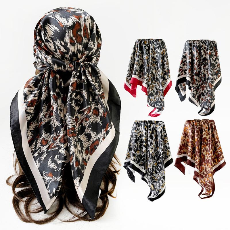 New leopard-print silk scarf, 90cm square, shawl, headscarf, faux silk satin scarf