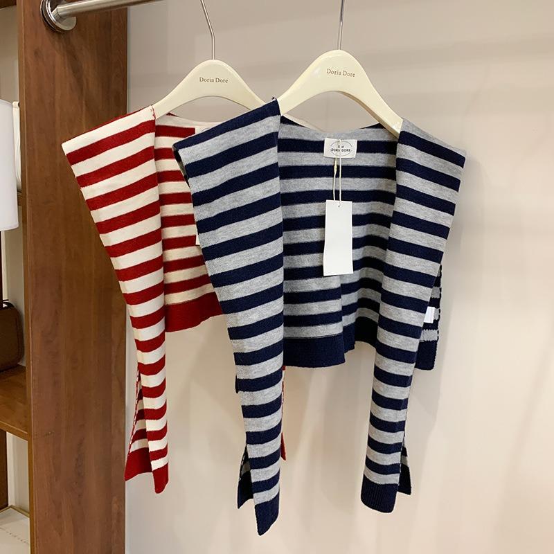 Knitted Striped Wool Shawl Women's Spring and Autumn with Fake Collar Shawl Scarf Versatile Vest