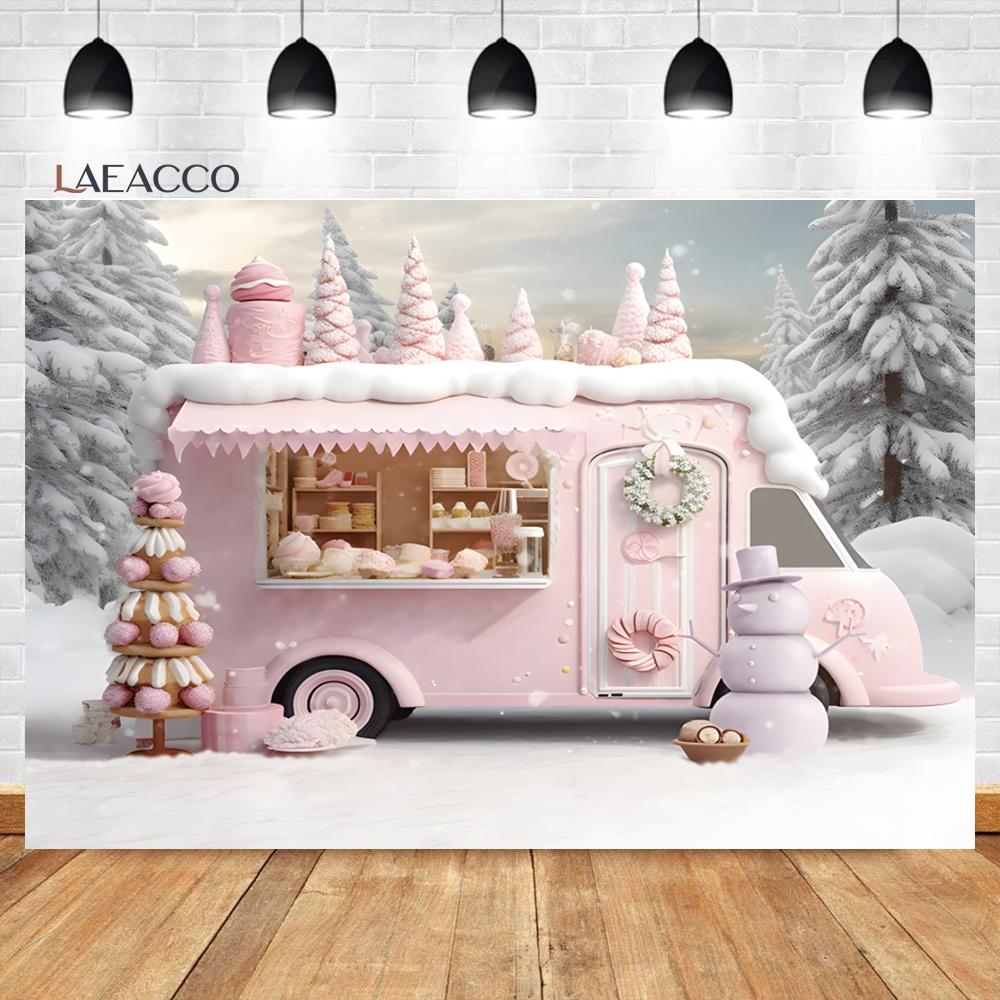 Laeacco Christmas Camper Pography Backdrop Winter Snowy Pine Trees Mini Bus Baby Birthday Family Holiday Portrait Background
