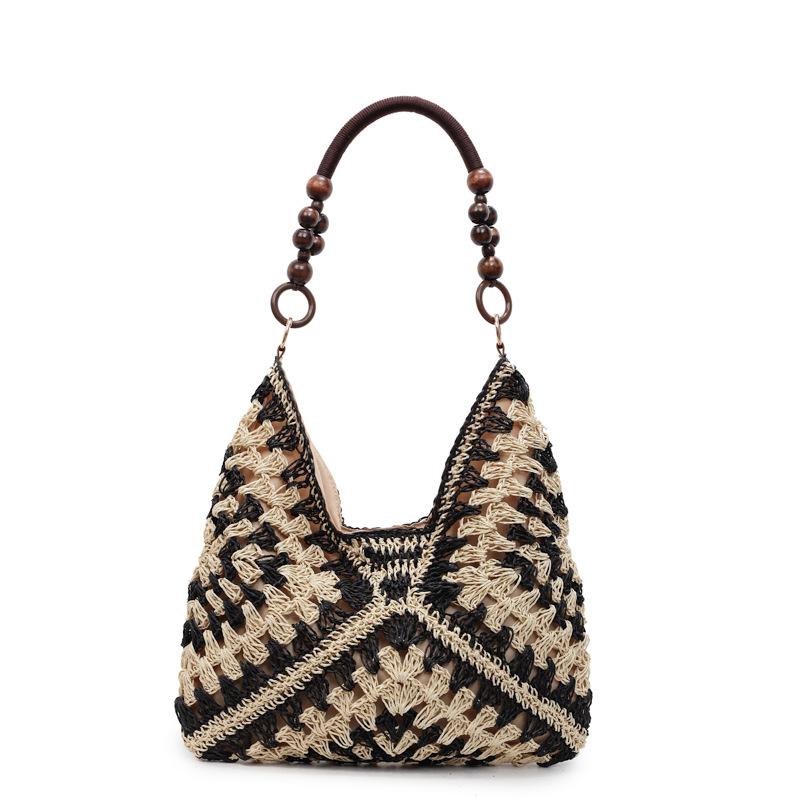 Women Fashion Woven Color Block Large Casual Tote Shoulder Handbag