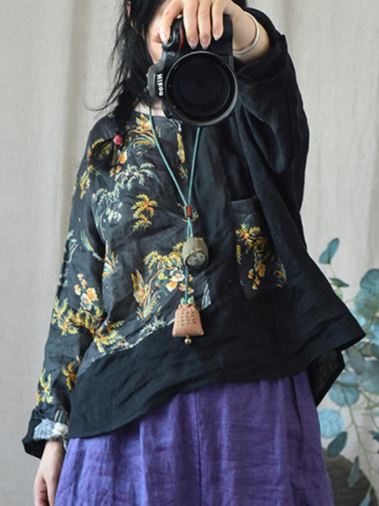 Johnature Women Vintage Linen Patchwork Color Tees Long Sleeve V-Neck Spring Tshirts Loose T-Shirts