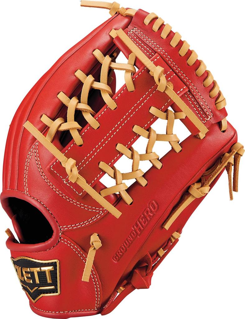 ZETT Youth Baseball Softball Ground Hero Red X Pastel Brown BJGB76545F Glove, All-Around, Left-Handed Throw, (6432), Size M,