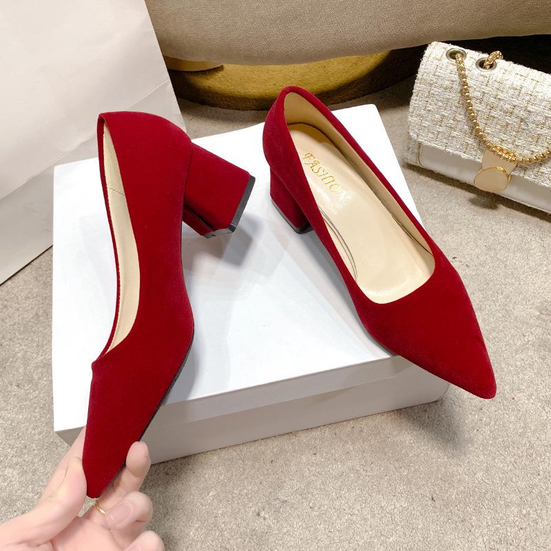 Velvet Pointed-Toe Chunky Heel Bridal Shoes - 2026 New Style, Comfortable High Heels for Women