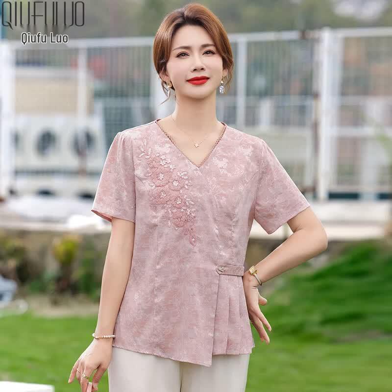 Qiufuro Elegant Floral Short Sleeve Summer Tops and Sets for Middle-Aged Women