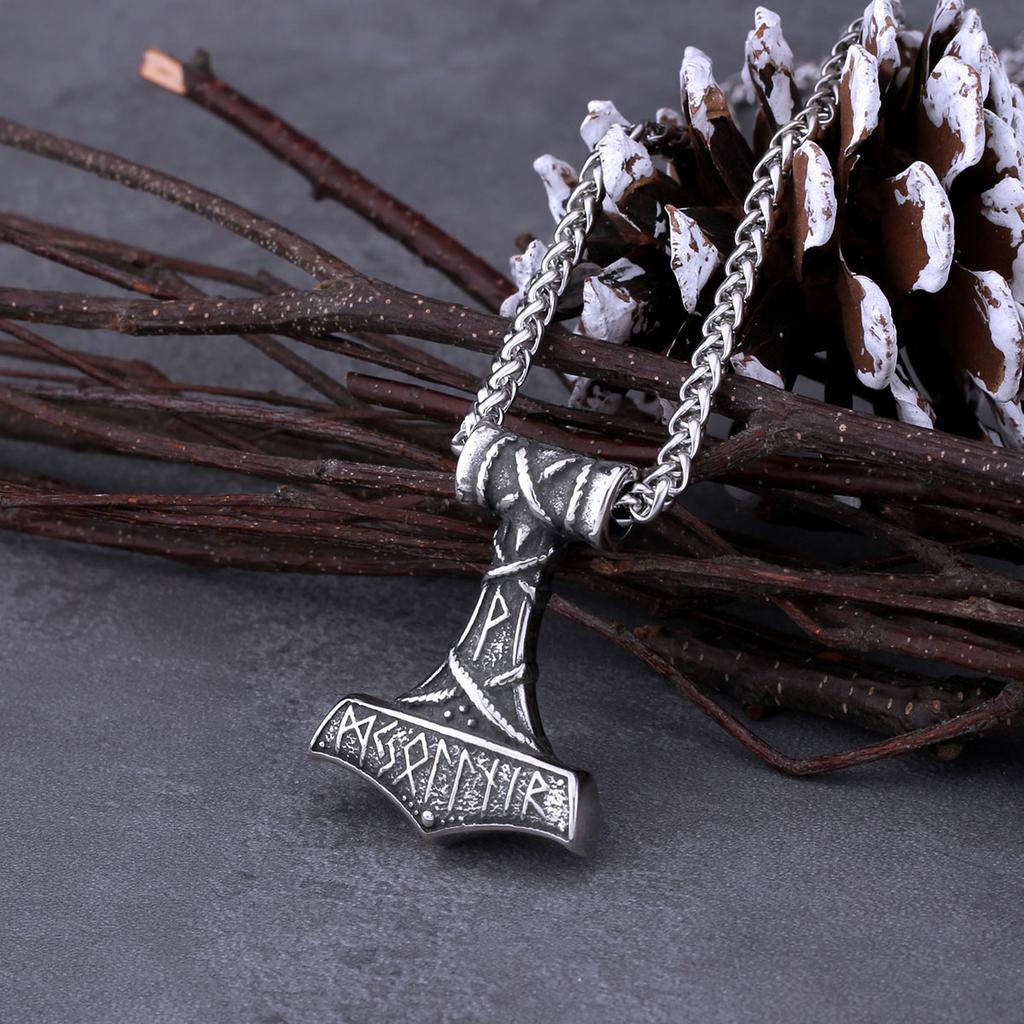 Vintage Nordic Vikings Anchor Odin Rune Necklace Stainless Steel Mjolnir Pendant Punk Jewelry Gift for Men