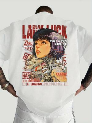 Men's Cyber Punk Mech Pattern T-shirt - Loose Casual Short Sleeved T-shirt with "Lucky Goddess" Printed On It, Summer Streetw...