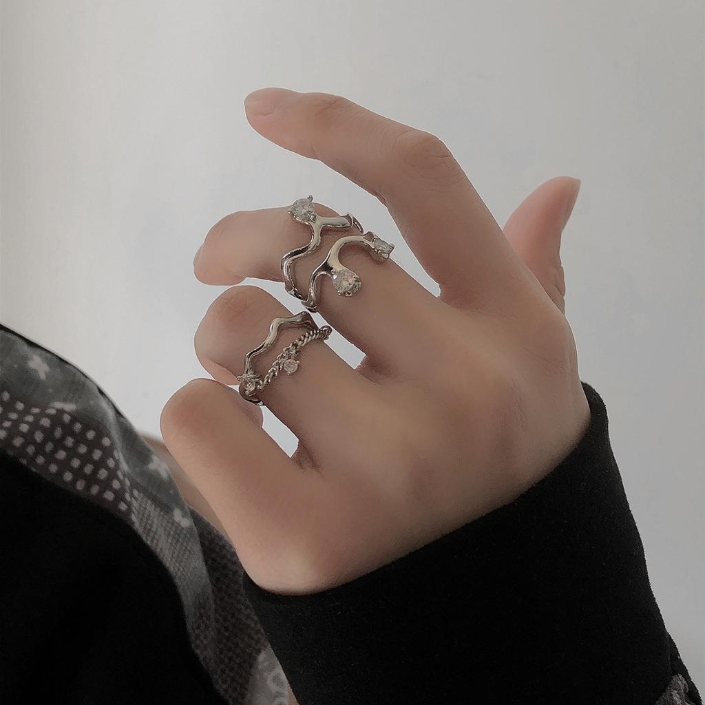 Geometric Korean Style Adjustable Ring With Zircon Inlay For Trendy Women Jewelry