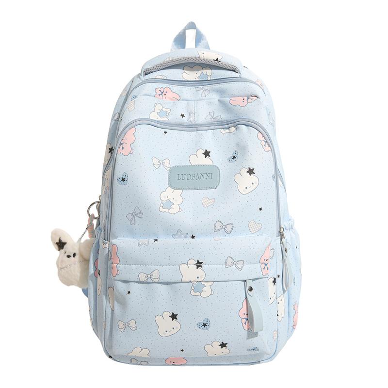 Cute Bear and Bow Print School Backpack with Multiple Front Pockets Casual Daypack for Girls