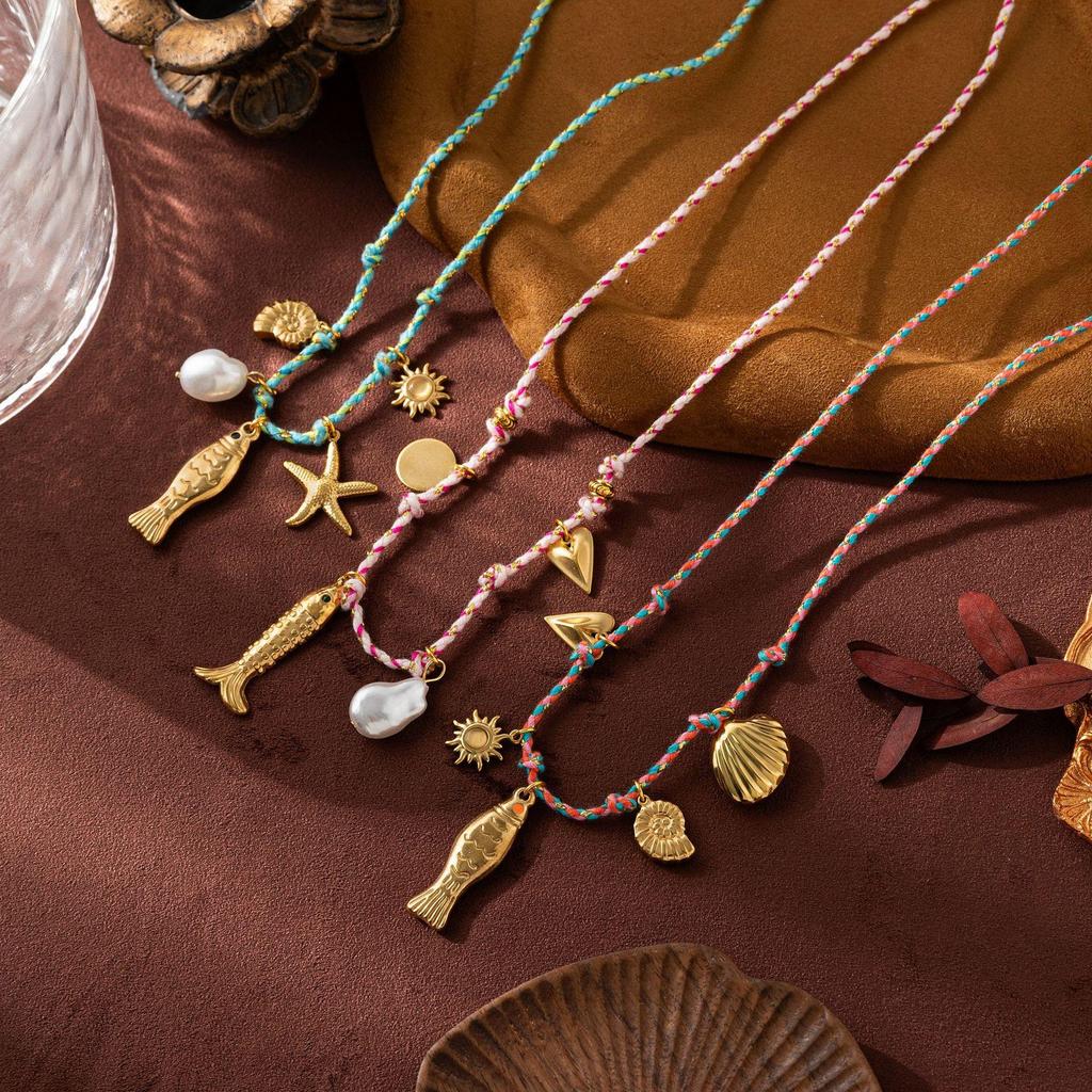 Colorful Rope Pendant Necklace: Butterfly, Turtle, Starfish, Elephant, & Shell Charms with Pearls & Chili Accents - Summer DIY Collection
