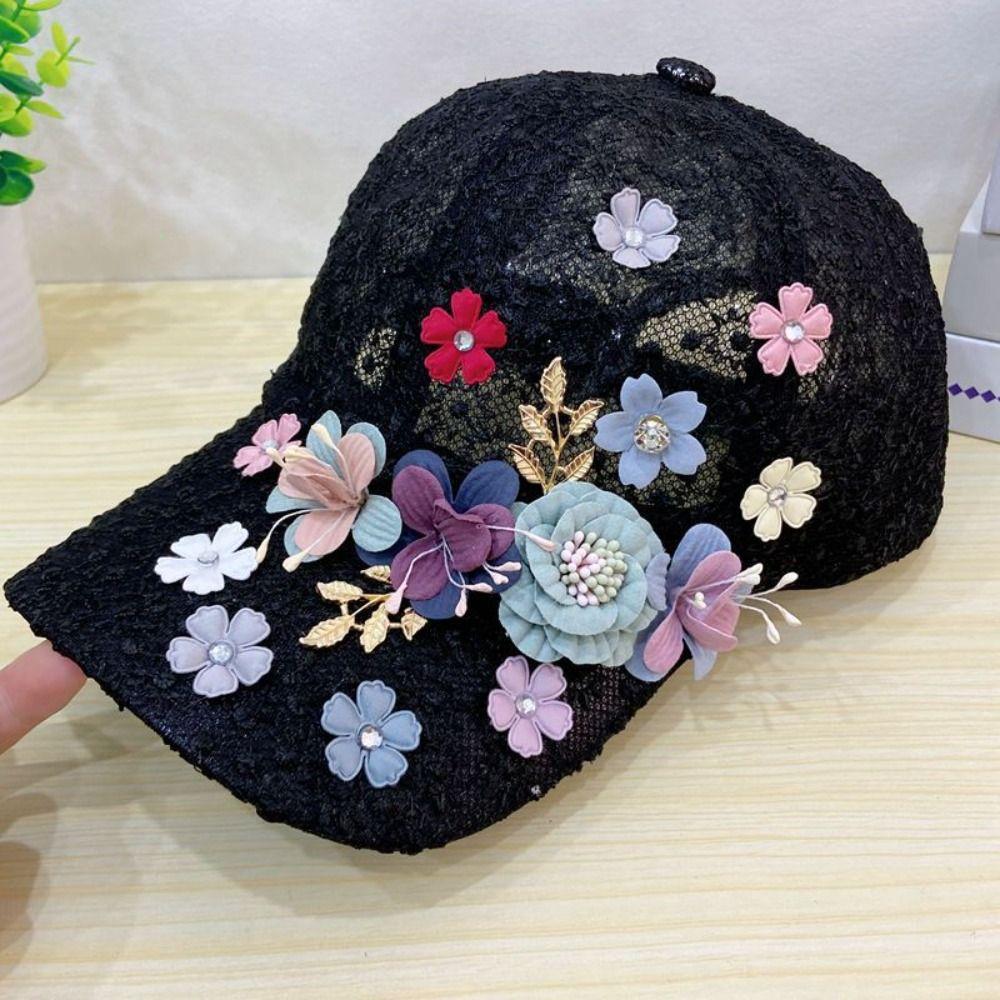 Breathable Mesh Baseball Hat Flower Decor Outdoor Sun Hat Floral Lace Baseball Cap  For Women Girls