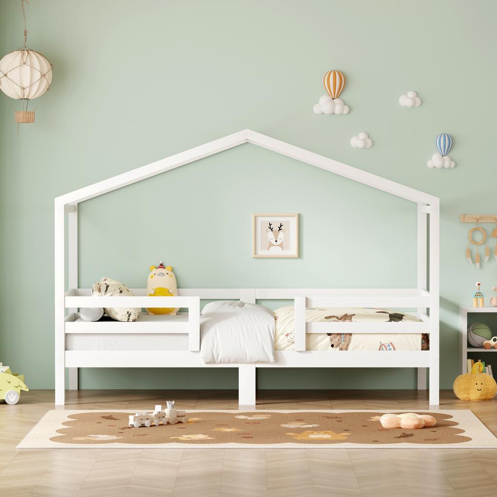 House Bed 90x200 cm, pine, house roof design, three-sided fall protection, slatted frame included, without mattress, color white, DE603090WT