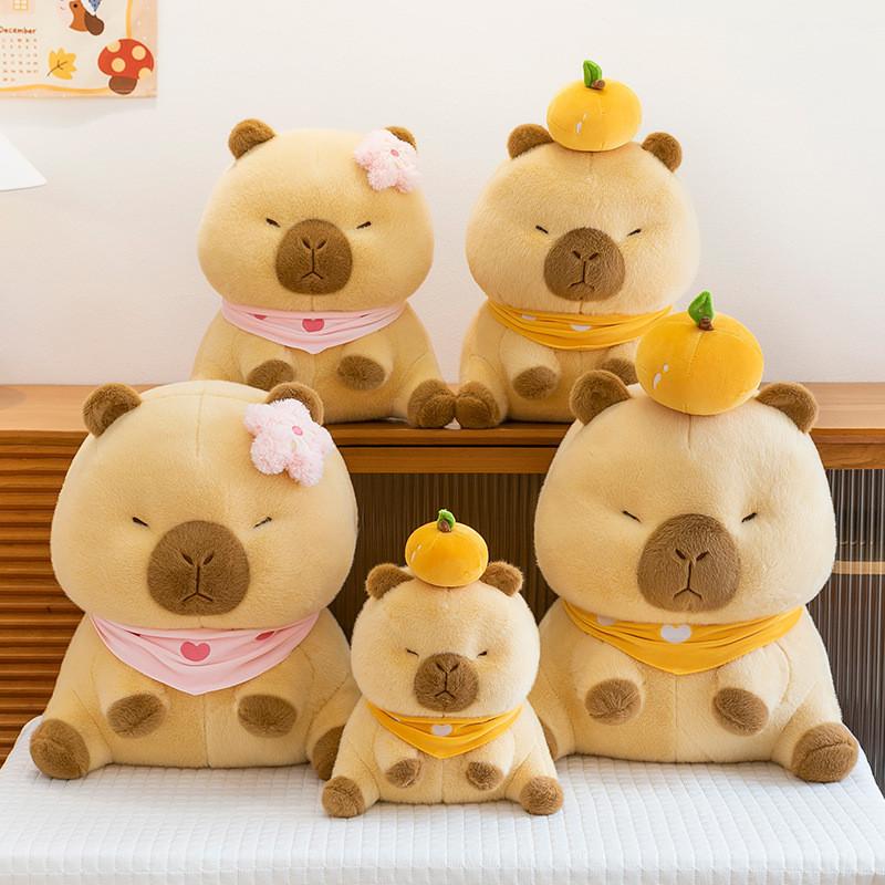 Cute Cherry Blossom Orange Capybara With Scarf Cartoon Animal Doll Plush