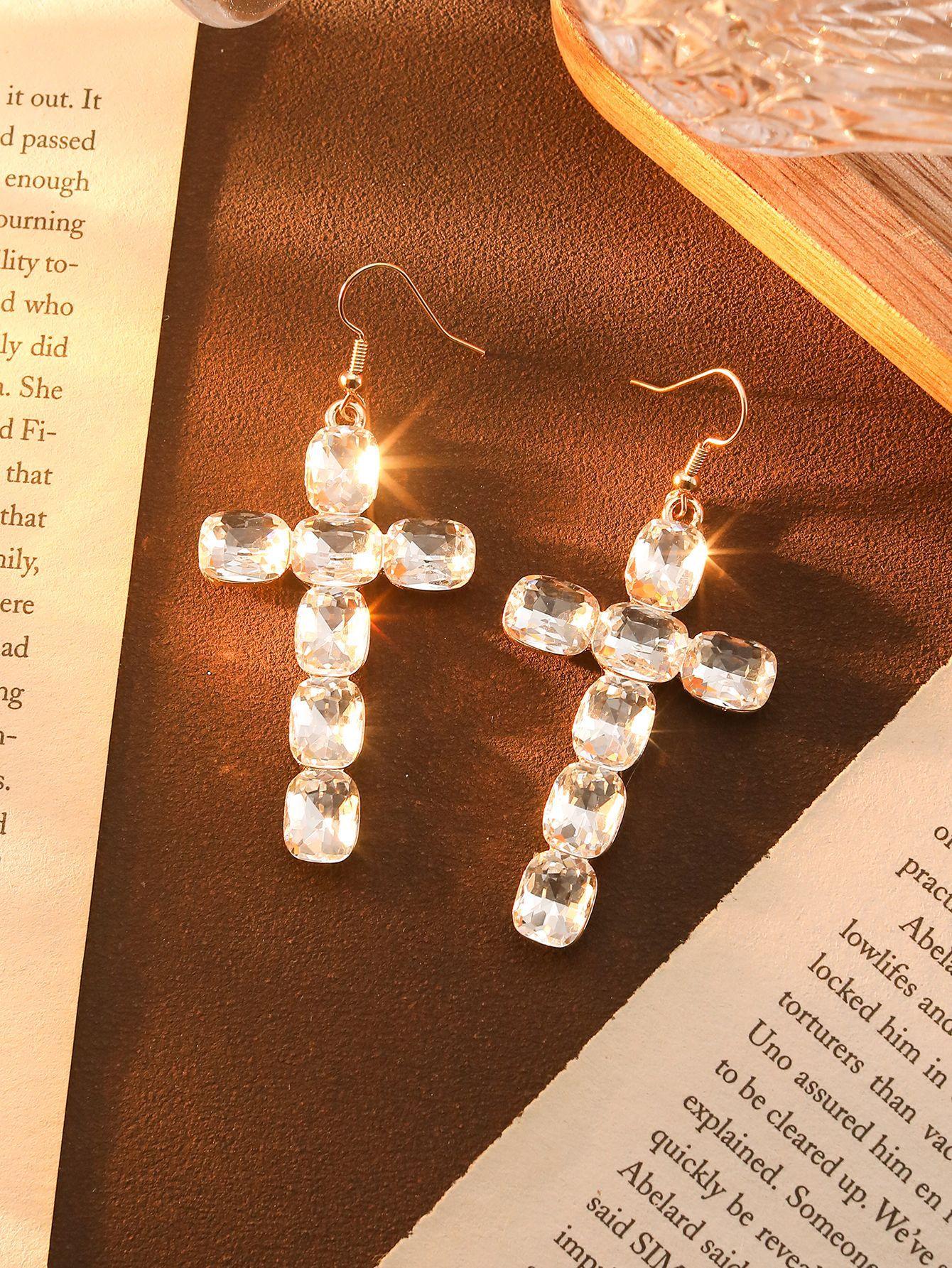 Wind Fashion Colored Diamond Cross Earrings High Sense Bohemian Style Earrings Exaggerated Atmosphere Earrings
