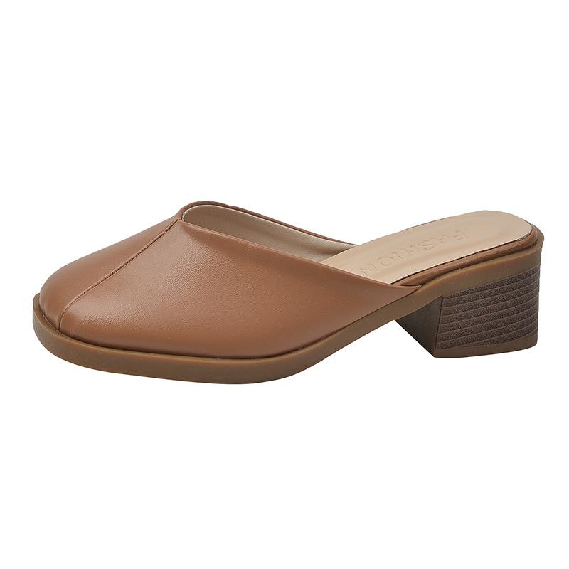 Fashion Comemore Woman Women Slip On Mules Baotou Slippers Casual Spring Summer Chunky High Heels Square Toe Solid Half Slipper Sandal