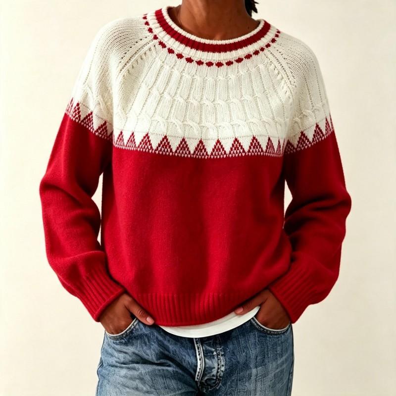 Womens Oversized Crewneck Knit Sweater With Colorblock Cable Jacquard Fall Winter Loose Fit