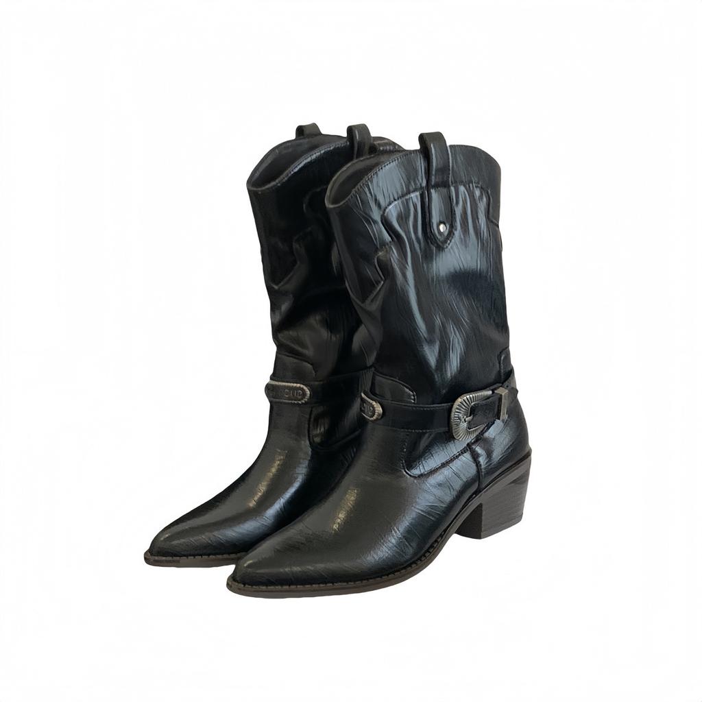 Retro belt buckle medium tube knight boots women's 2025 autumn and winter new square head thick heel thin western cowboy boots