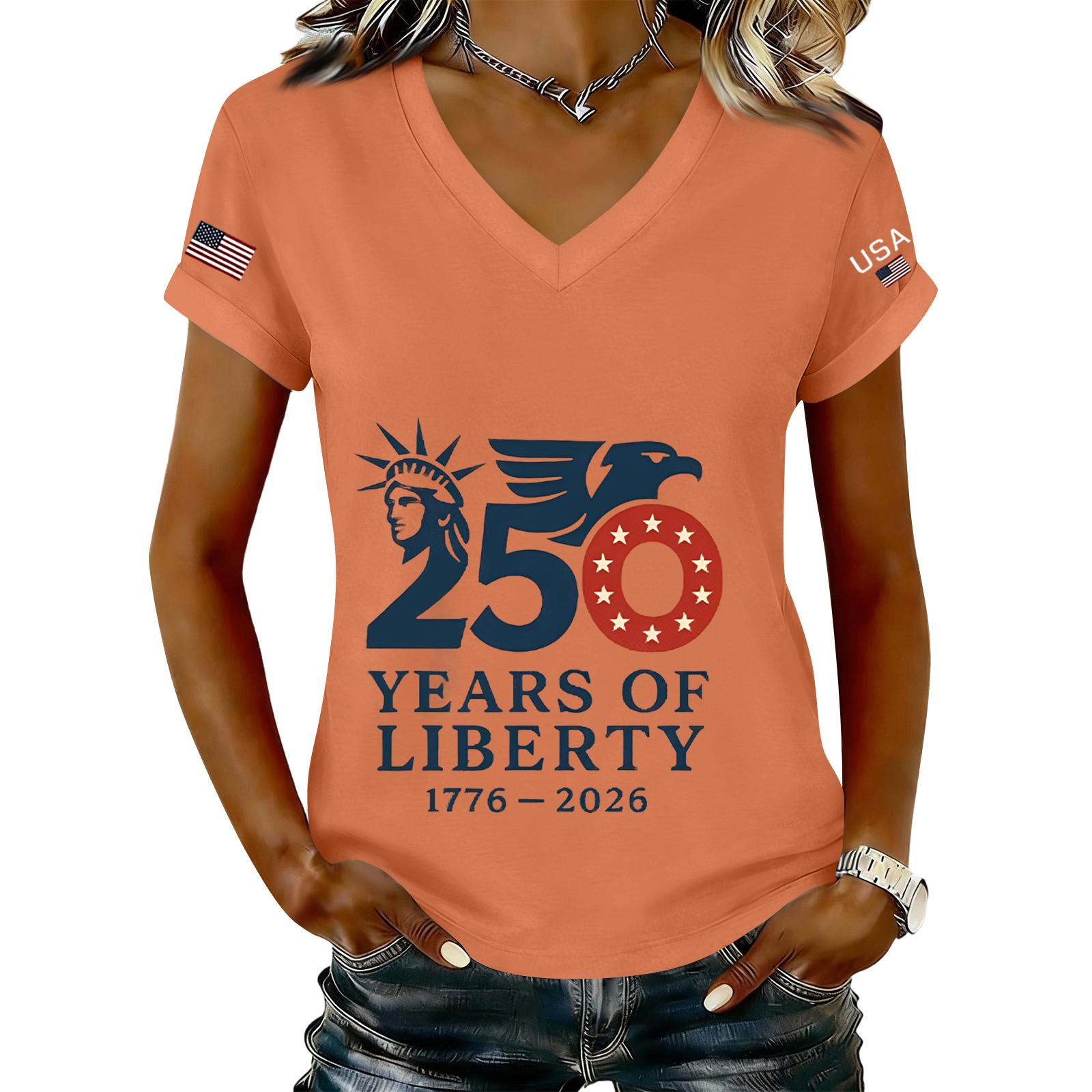 

Women’s Fashion V Neck Short Sleeve Tee Casual Letter Print Top 250 Years of 1776 2026 Anniversary Shirt L шафрановый