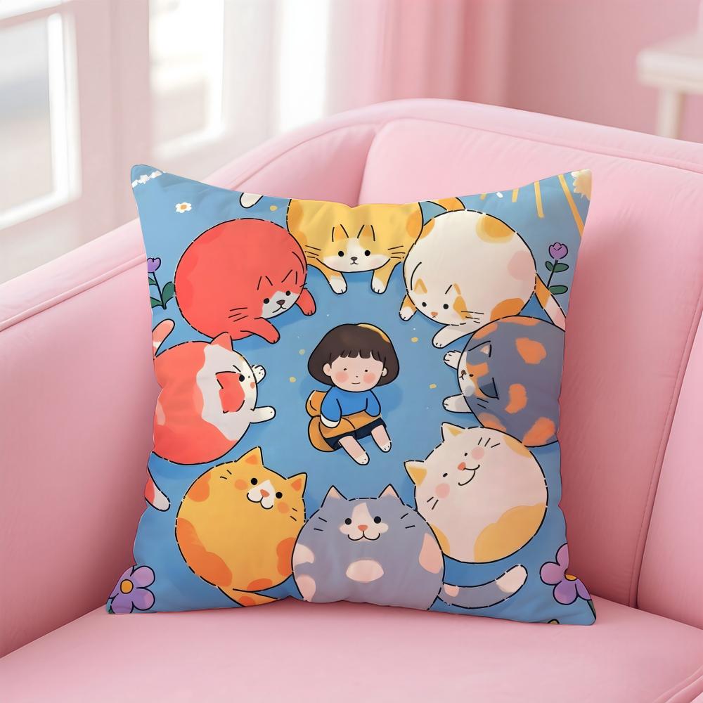 Cartoon Cute Cat Picture For Wake Up Cushion Cover Pillowcase Short Plush Invisible Zipper Room Sofa Cushion Cover