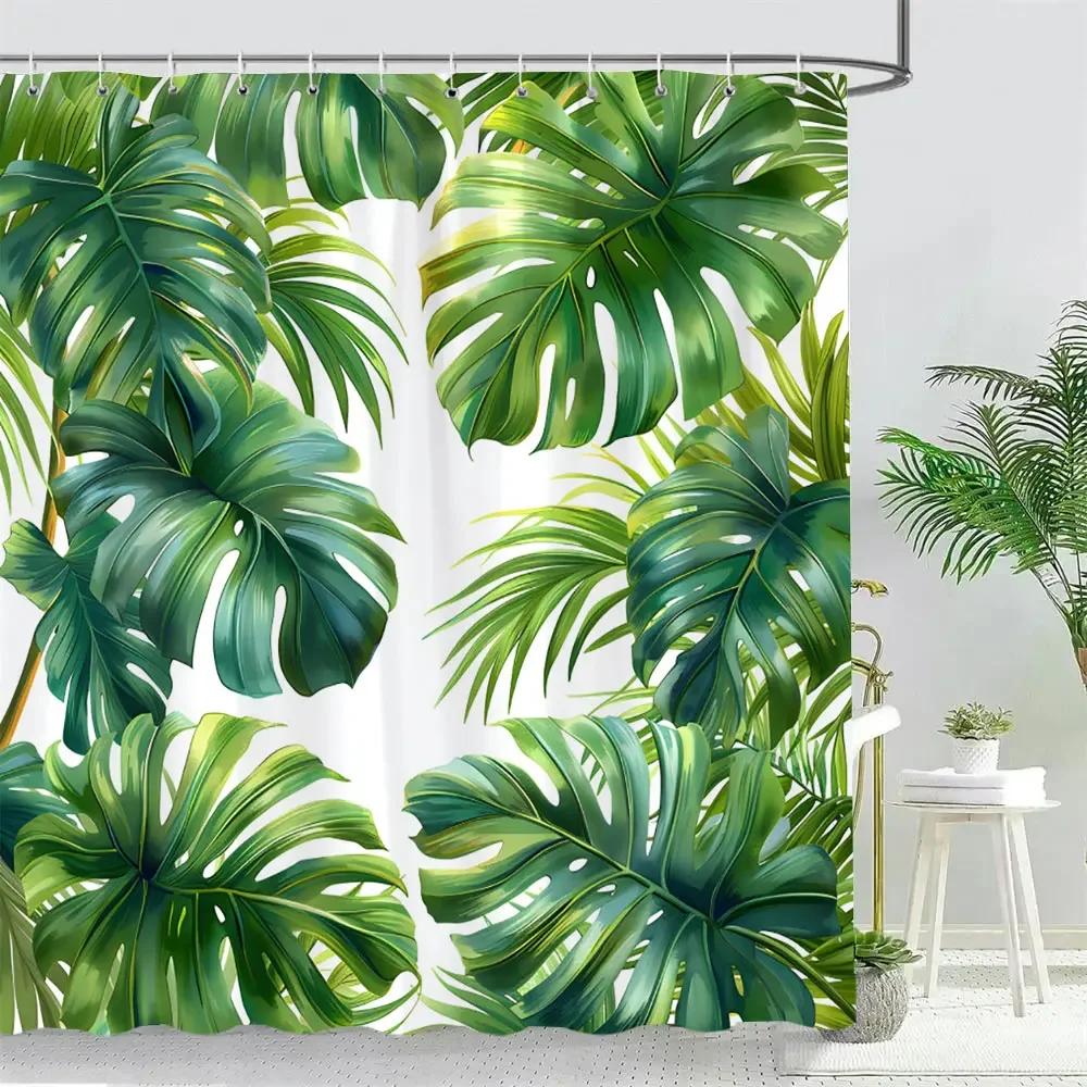 Tropical Leaf Shower Curtain,Waterproof Fabric with Lush Greenery for Nature-Inspired Bathroom Decor,Adds Tropical Paradise Feel