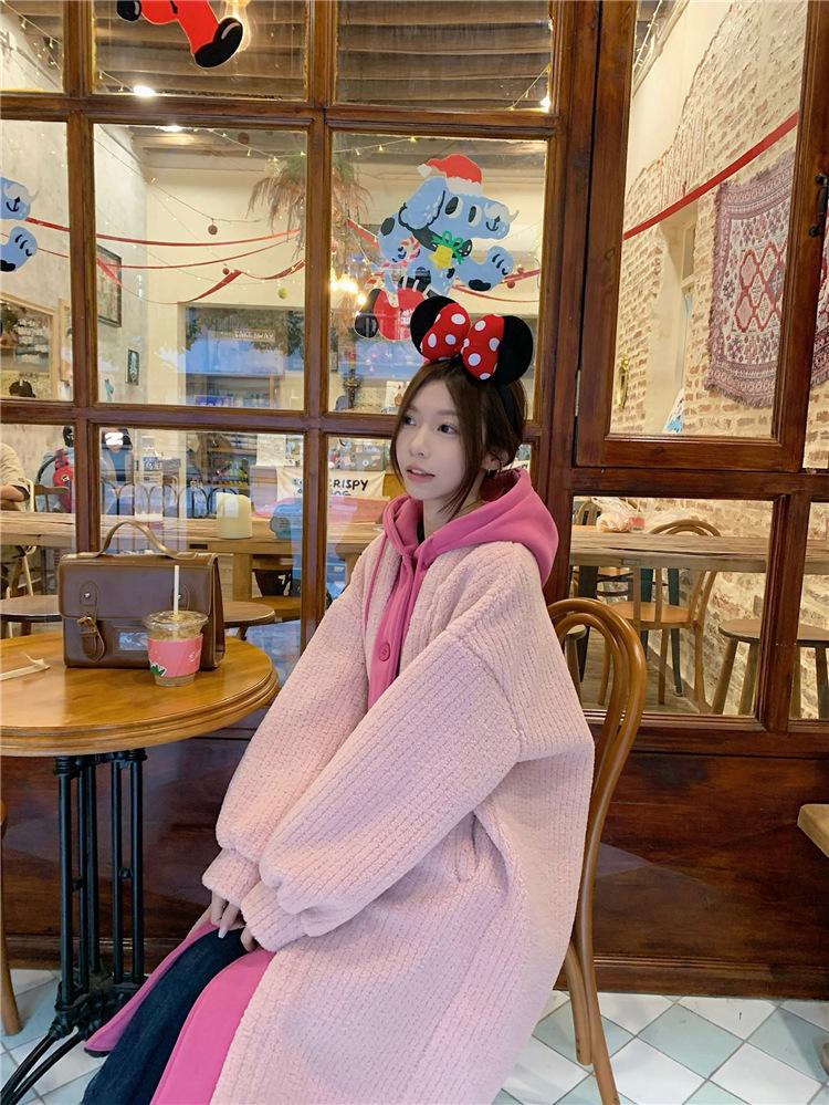 Women's Faux Two-Piece Hooded Lamb Wool Coat - Thick, Stylish Korean Winter Long Coat