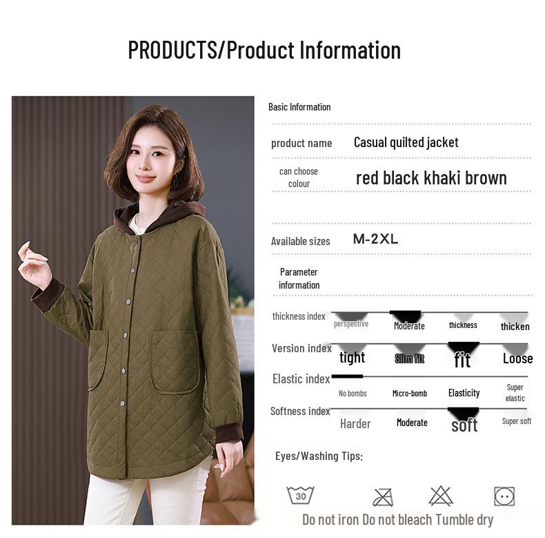 Women's 2024 Autumn/Winter Hooded Cotton Jacket – Loose, Quilted Diamond Pattern, Casual Fashion for Middle-Aged Moms
