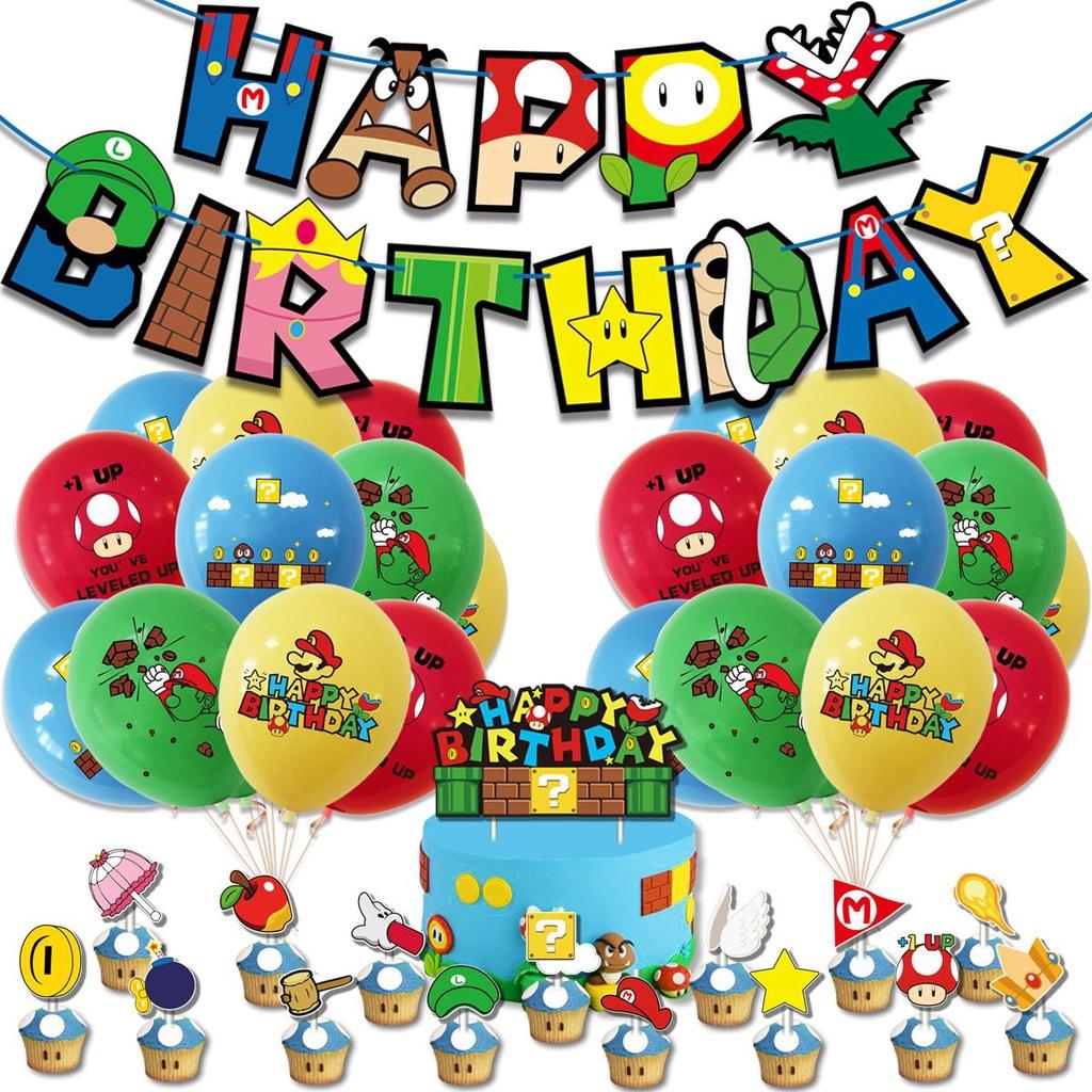 Super Party Mario Happy Birthday Banner Bunting Balloons Party Decorations Decor