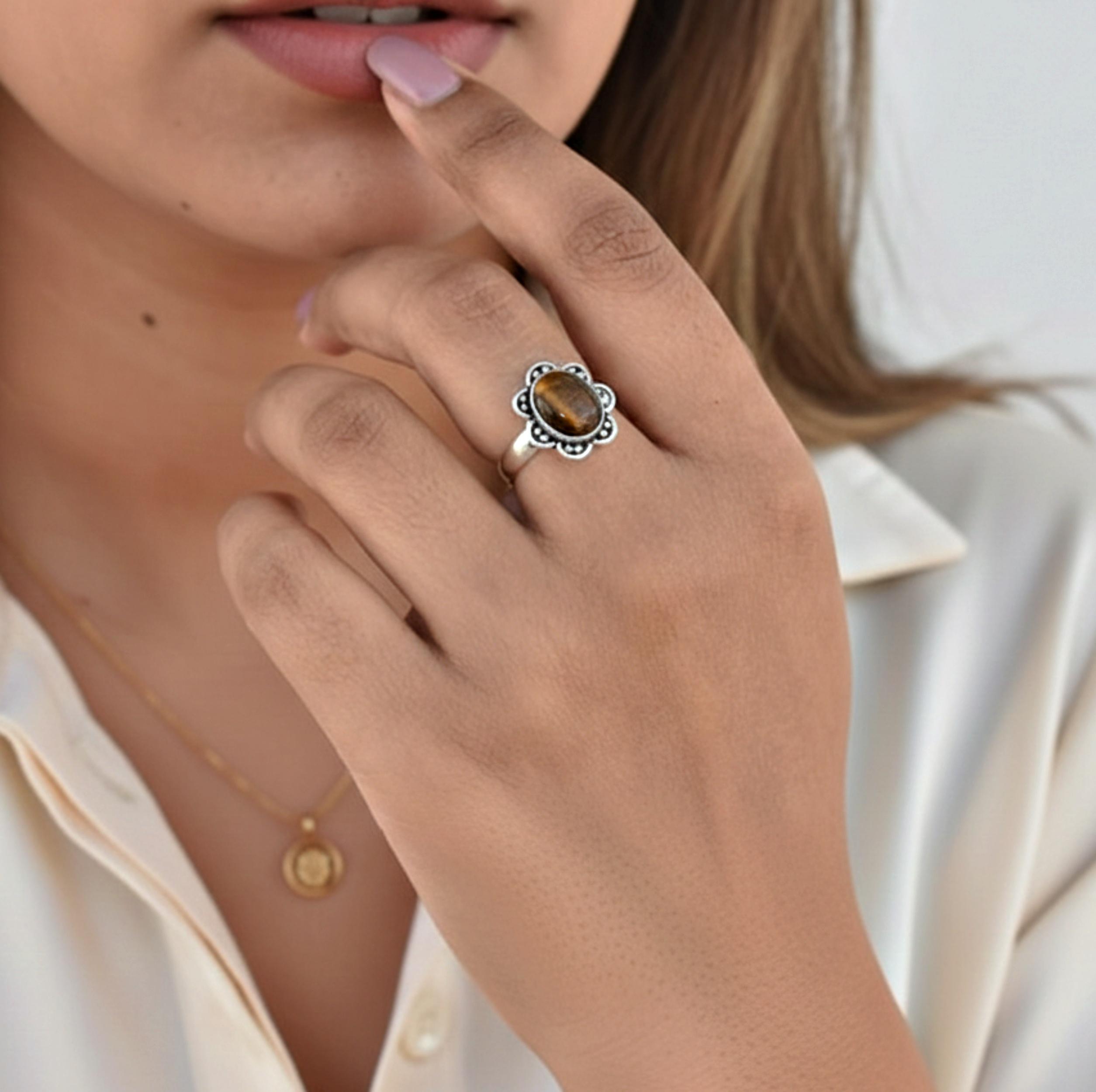 Tiger Eye Flower Ring, 925 Sterling Silver, Minimalist Statement Ring, Handmade Jewelry 12 серебряный
