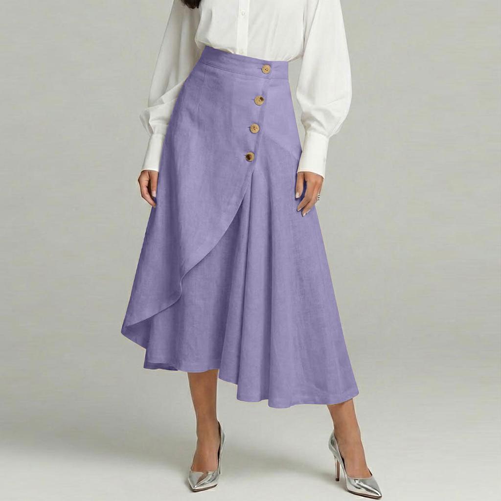 Women's Fashionable Cotton-Linen High-Waisted Button-Front Asymmetrical -Color Skirt