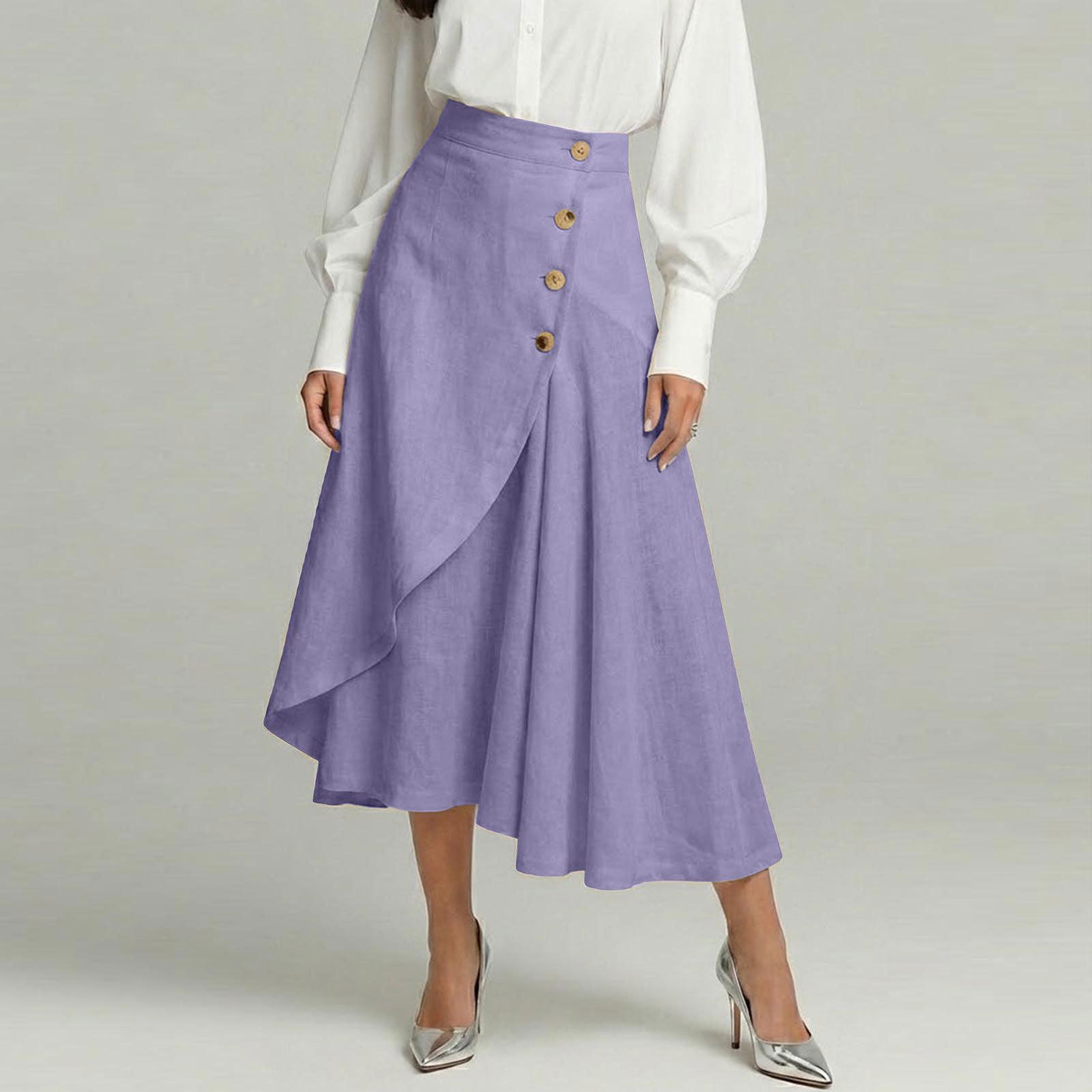 

Women s Fashionable Cotton-Linen High-Waisted Button-Front Asymmetrical -Color Skirt S фіолетовий