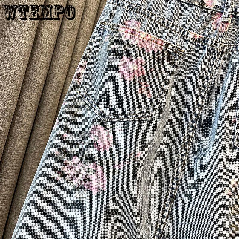 Frühling und Sommer Retro Vielseitiger Skinny Split Denim Print Halbkörperrock Weiblicher Chic Hohe Taille Mittellanger Paket Hüftrock