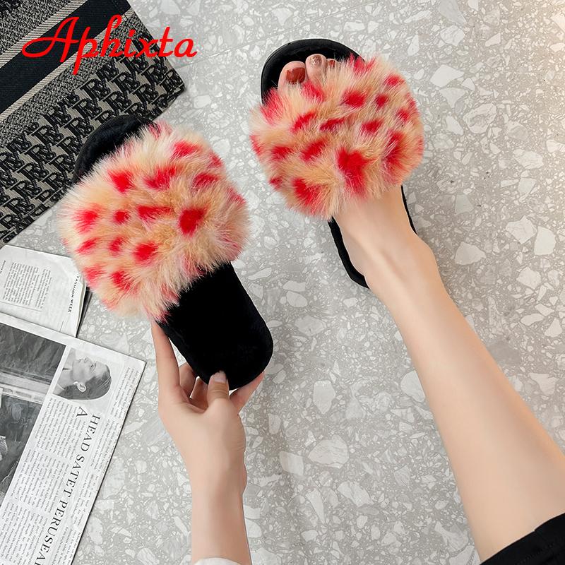 Aphixta 2025 Winter Home Cotton Shoes Women Faux Fur Soft Warm Indoor Colorful Slipper Flip Flops Mules Female Big Size 42 43