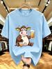Unisex Crew Neck Tee Cow Holding Beer Cartoon Print Cotton Short Sleeve Loose Summer Street Breathable Daily Casual Basic Wear Top
