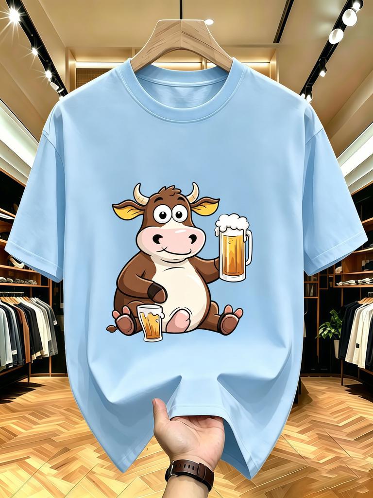Unisex Crew Neck Tee Cow Holding Beer Cartoon Print Cotton Short Sleeve Loose Summer Street Breathable Daily Casual Basic Wear Top