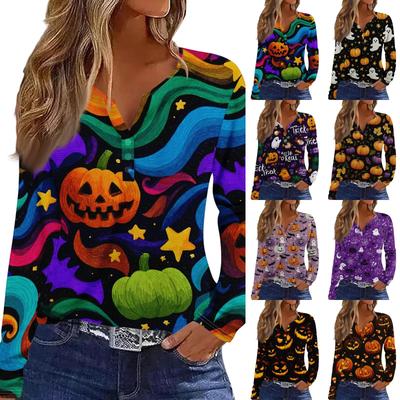 Womens Casual Halloween Print V Neck Long Sleeve Button Detail Top Lightweight Stretchy Fabric Comfortable Fit