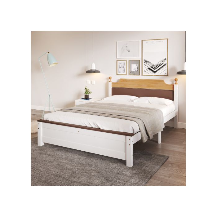 Lit double - MUVOE - 140x200 cm - Cadre en pin - Tête en MDF - Design intemporel