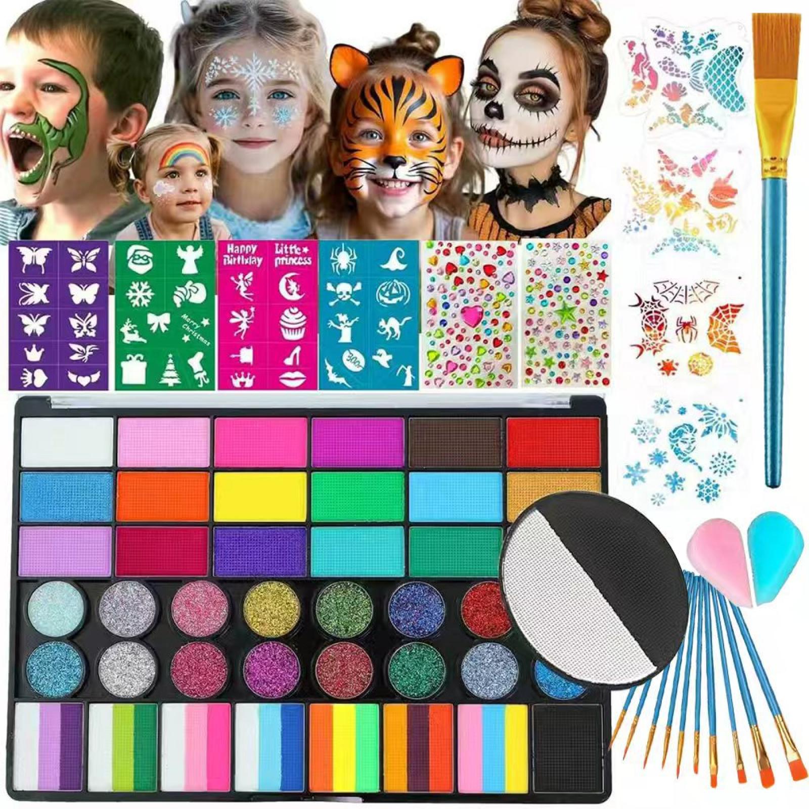 Paletka na malování na obličej, Halloween a Velikonoce Malování na obličej, Jasné barvy, Rychleschnoucí, Třpytky, Gradientní efekty a Šablony C-Set