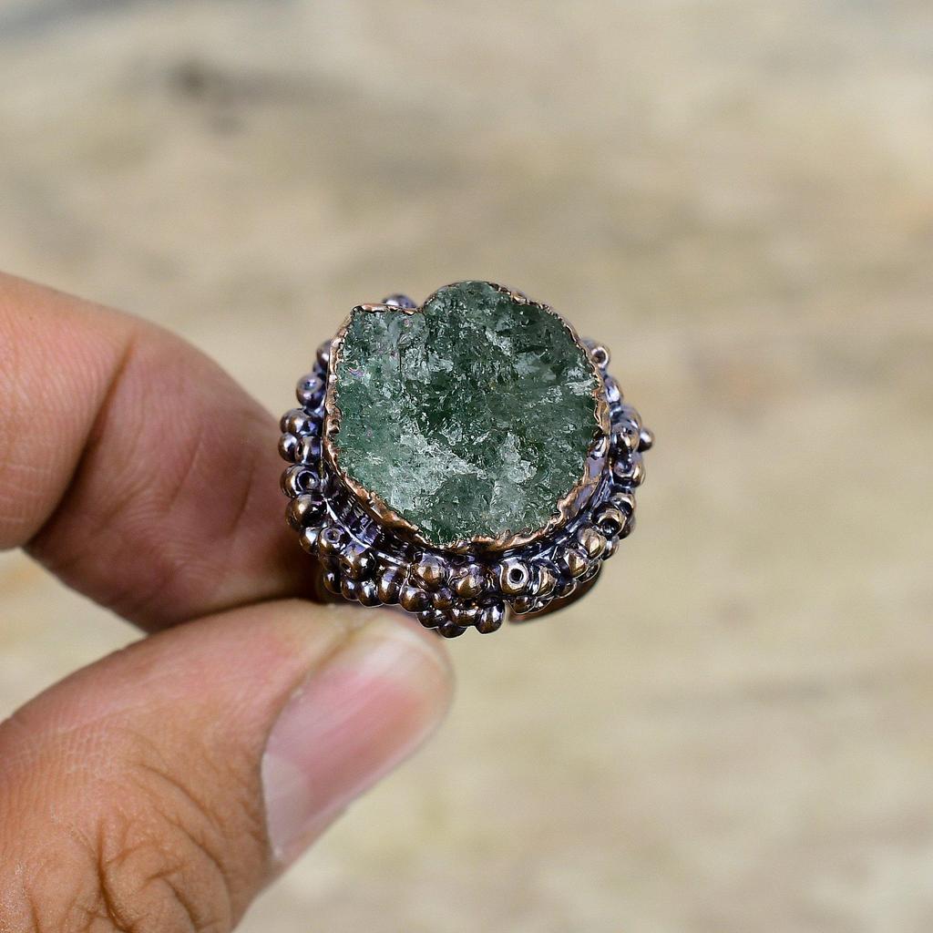 Green Tourmaline Rough Ring Electroformed Copper Adjustable Ring Gemstone Copper Jewelry Handmade Unique Ring Electroformed Jewelry For Gift