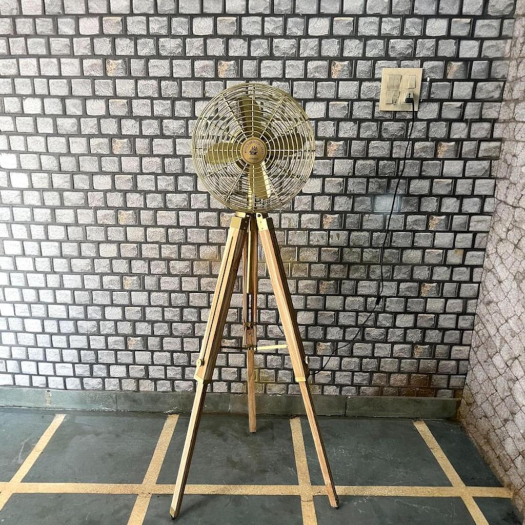 Natural Teak & Brass Pedestal Fan | Industrial Rotating Floor Fan On Wooden Tripod Stand | Heavy Duty Electric Air Circulator