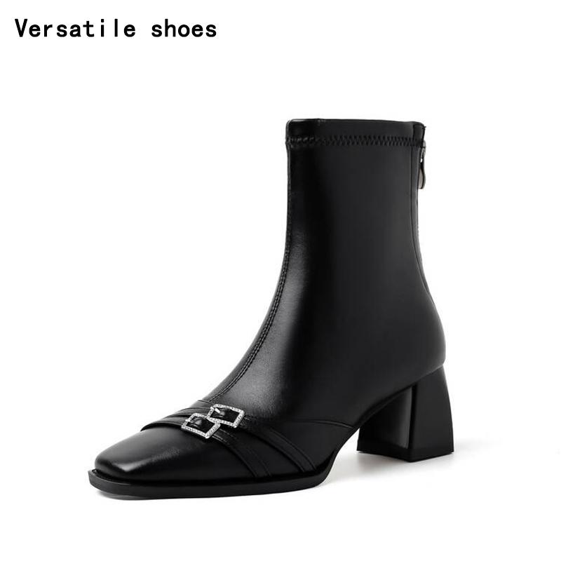 Thick Heel Ankle Boots Women Street Style Slim Square Toe Zipper Autumn Winter Rhinestone Ladies Shoes