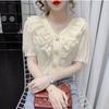 Female Summer Solid Colour Casual Short-sleeved T-shirt Fashion Lace Ruffle Top Temperament Sweet Chiffon V-neck Shirt