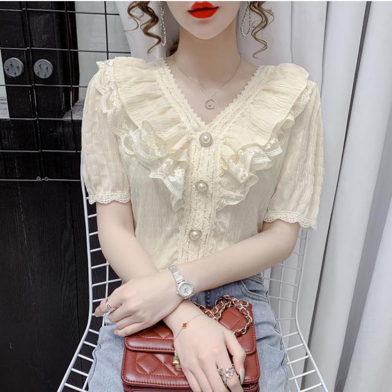 Female Summer Solid Colour Casual Short-sleeved T-shirt Fashion Lace Ruffle Top Temperament Sweet Chiffon V-neck Shirt
