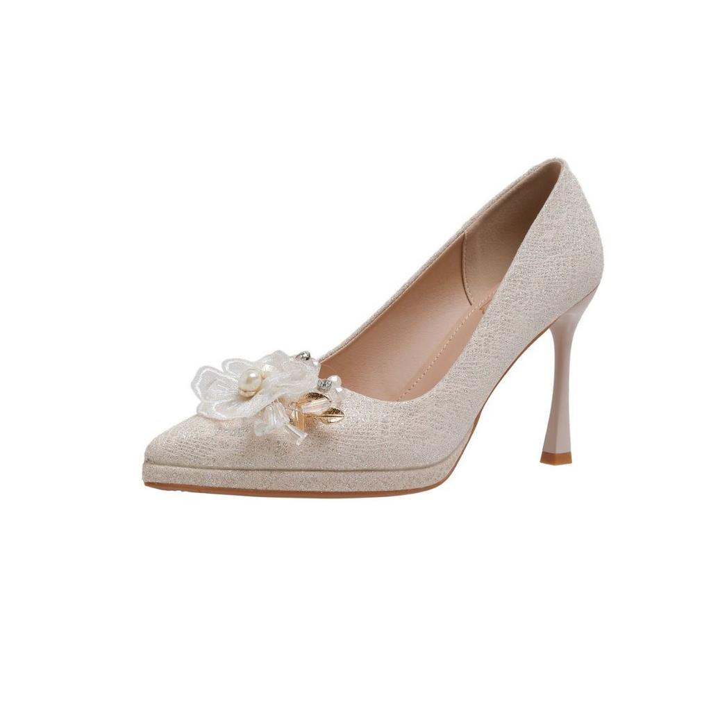 Champagne Fine Flash Waterproof Table High Heels Female Bride Wedding Dress Two Wear Thin Heels Thick Sole Not Tired Feet High Heels