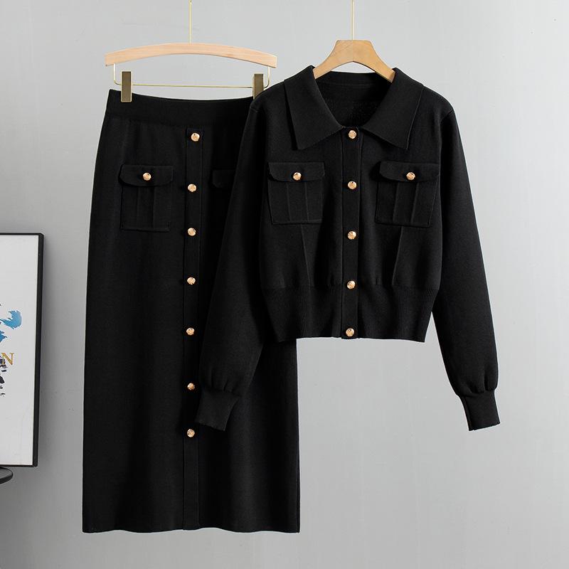 Korean Style Slim Knit Polo Sweater and Skirt Set for Women